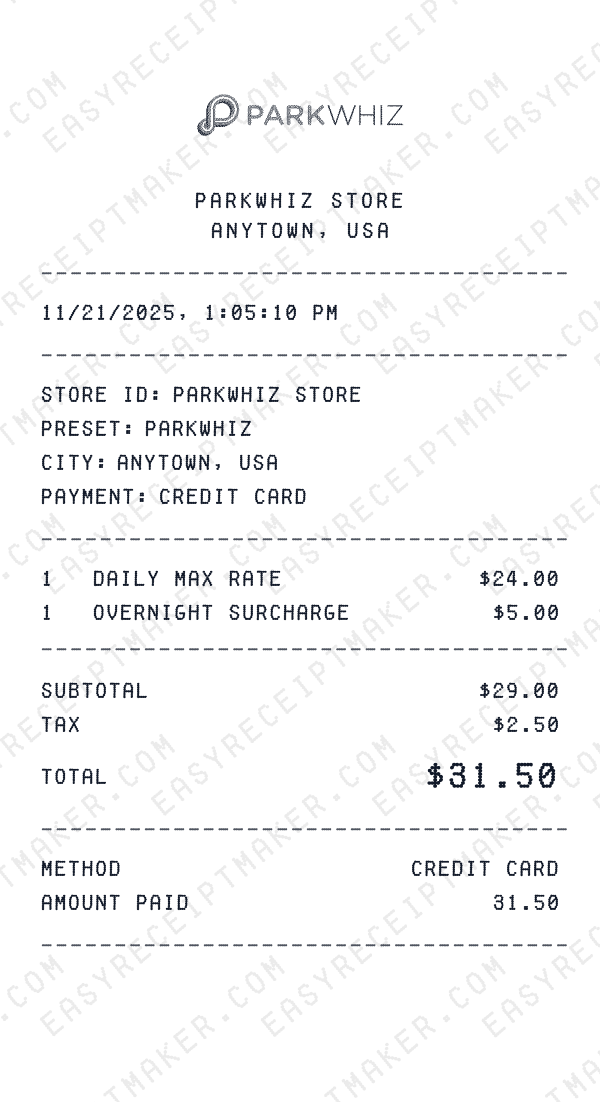 ParkWhiz receipt template