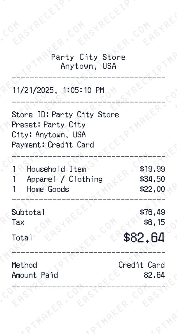Party City receipt preview