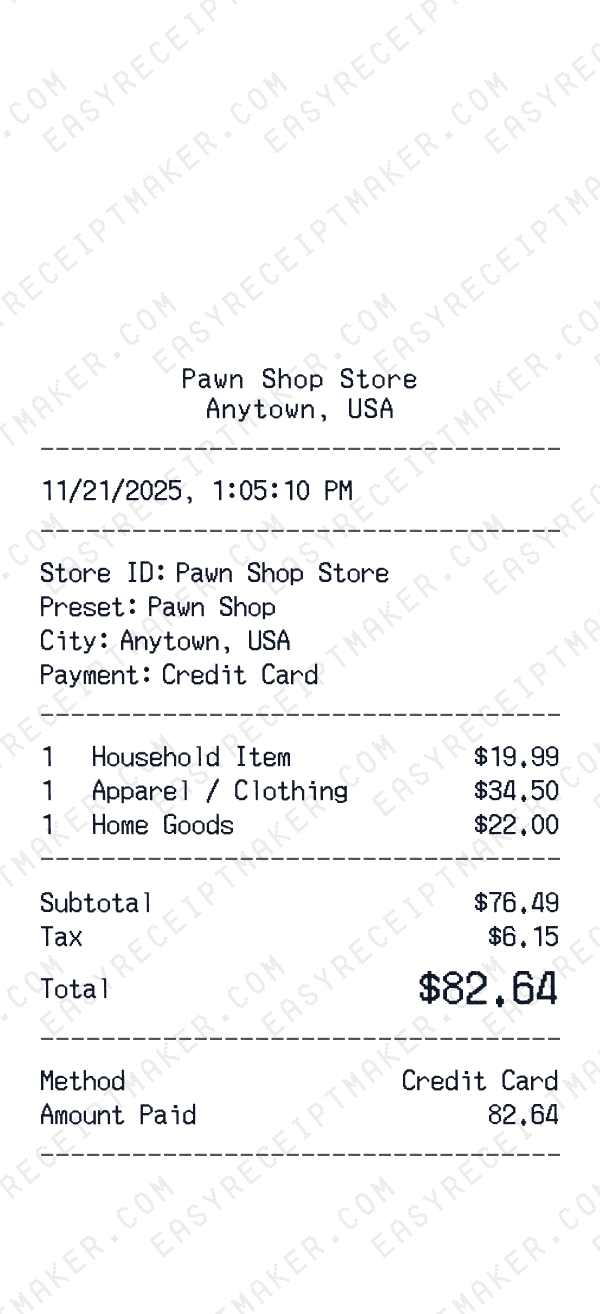Pawn Shop receipt preview