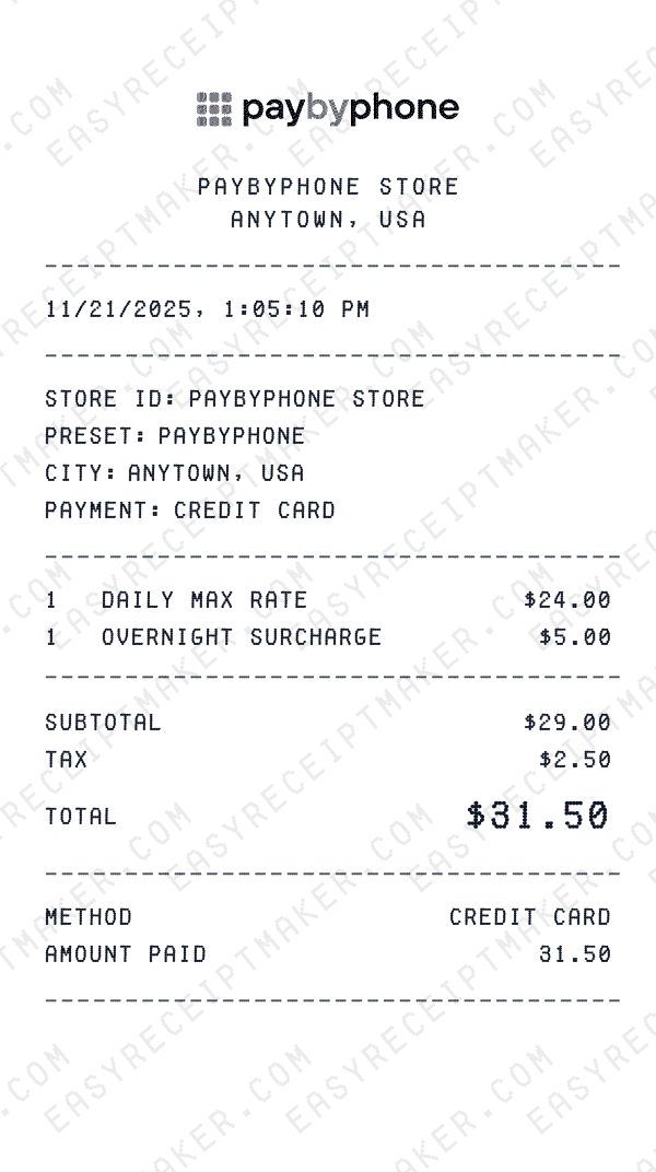 PayByPhone receipt template