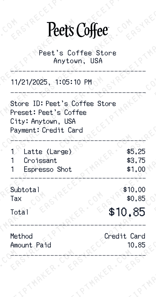 Peet's Coffee receipt preview