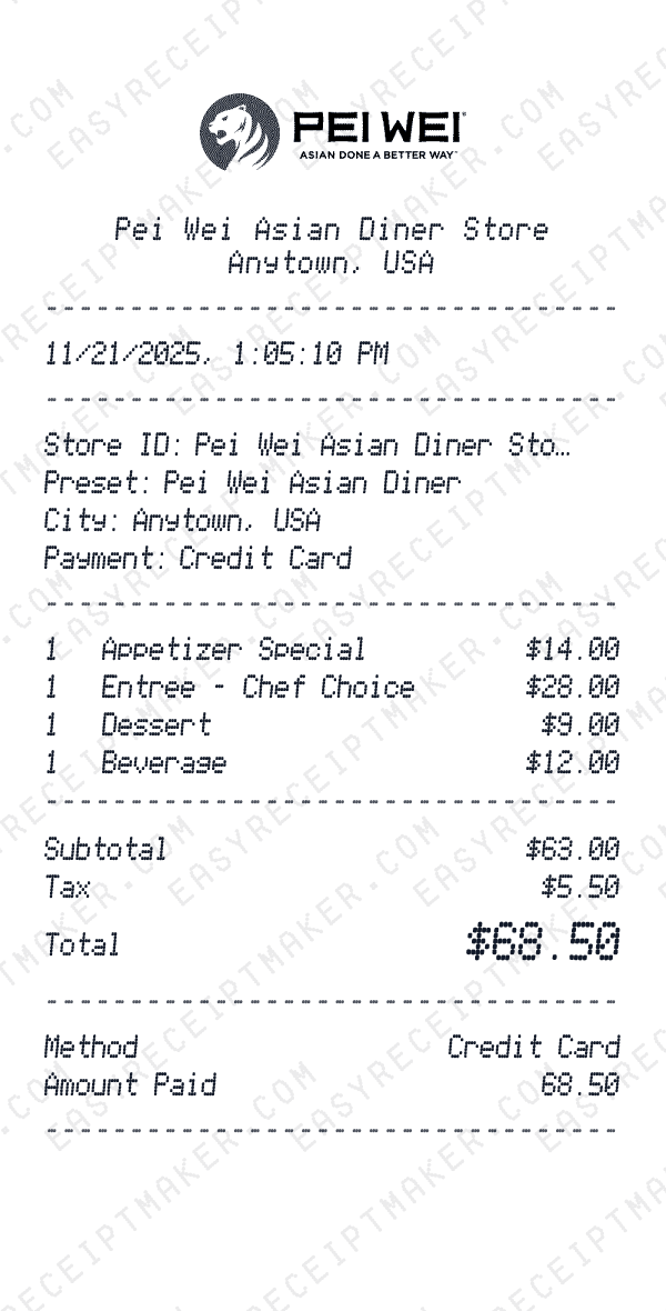 Pei Wei Asian Diner receipt preview