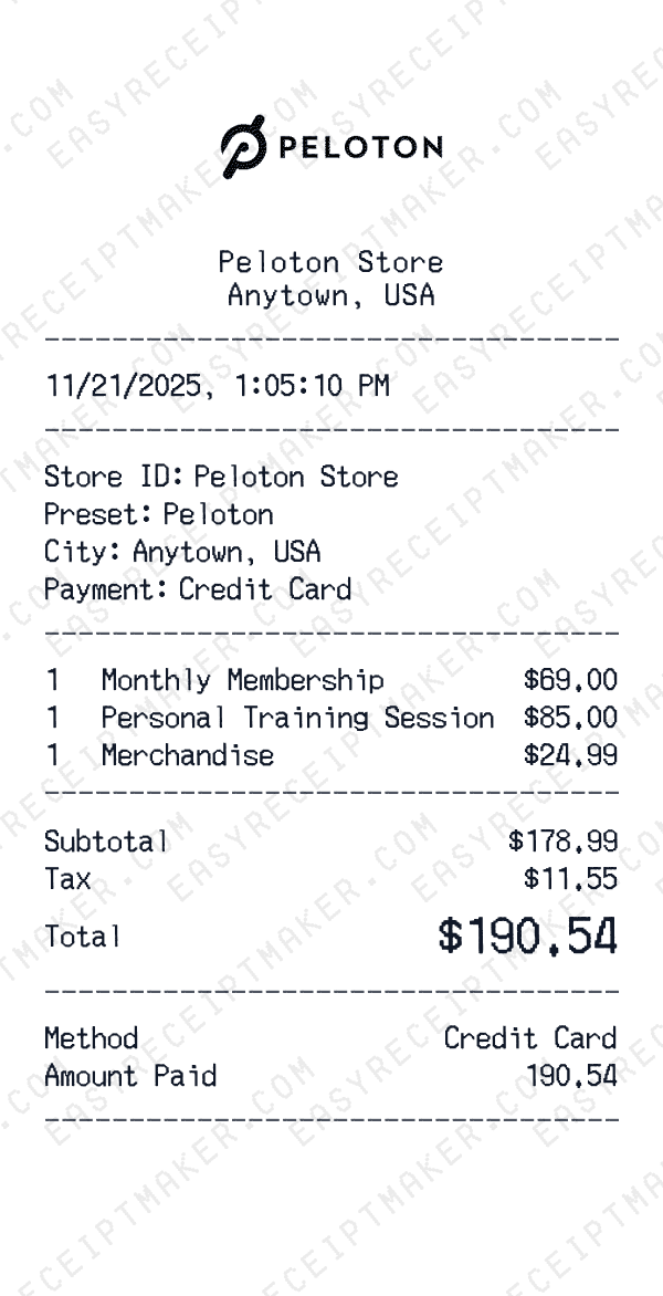 Peloton receipt preview