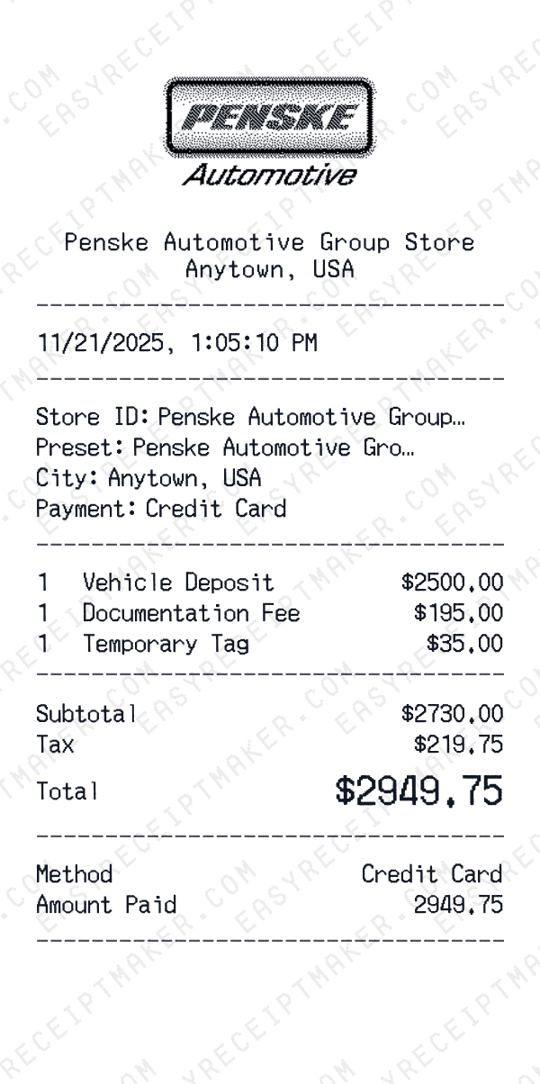 Penske Automotive Group receipt preview
