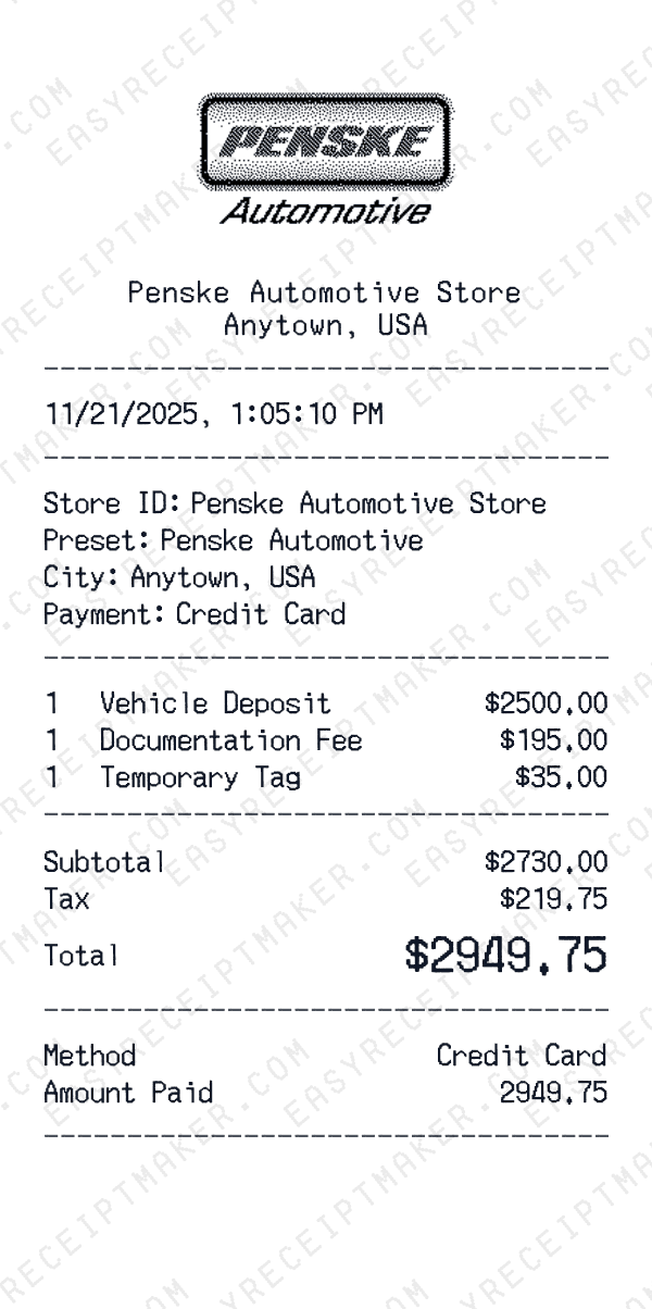 Penske Automotive receipt preview