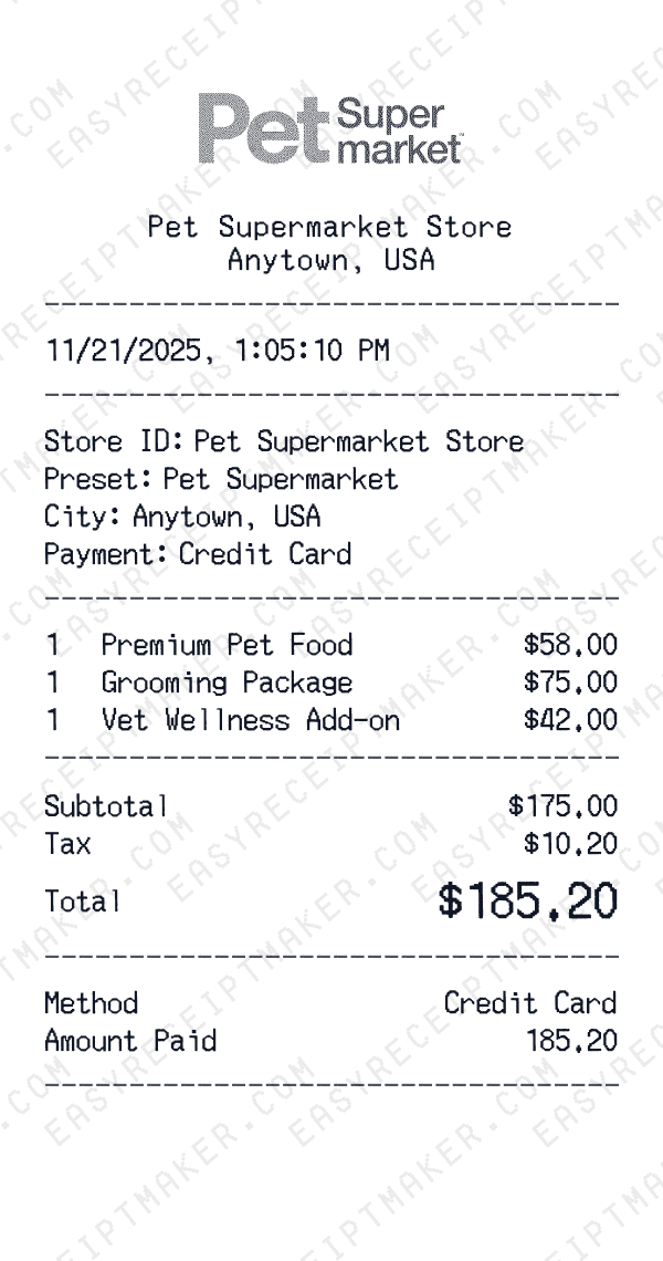 Pet Supermarket receipt preview