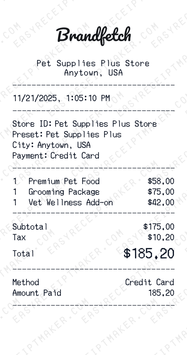 Pet Supplies Plus receipt preview
