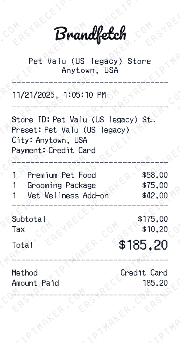 Pet Valu (US legacy) receipt preview