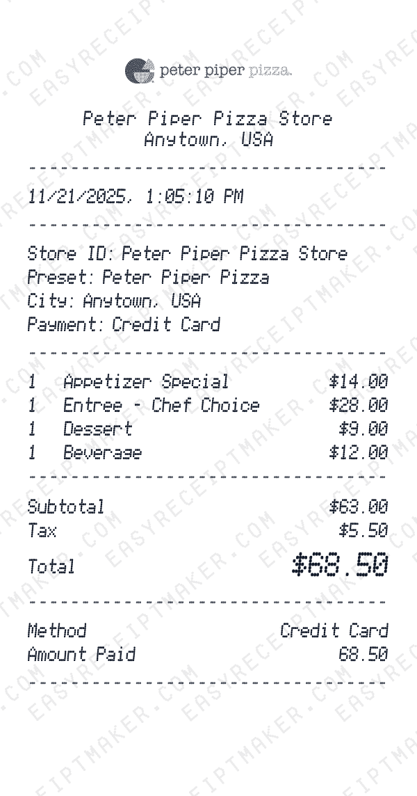 Peter Piper Pizza receipt preview
