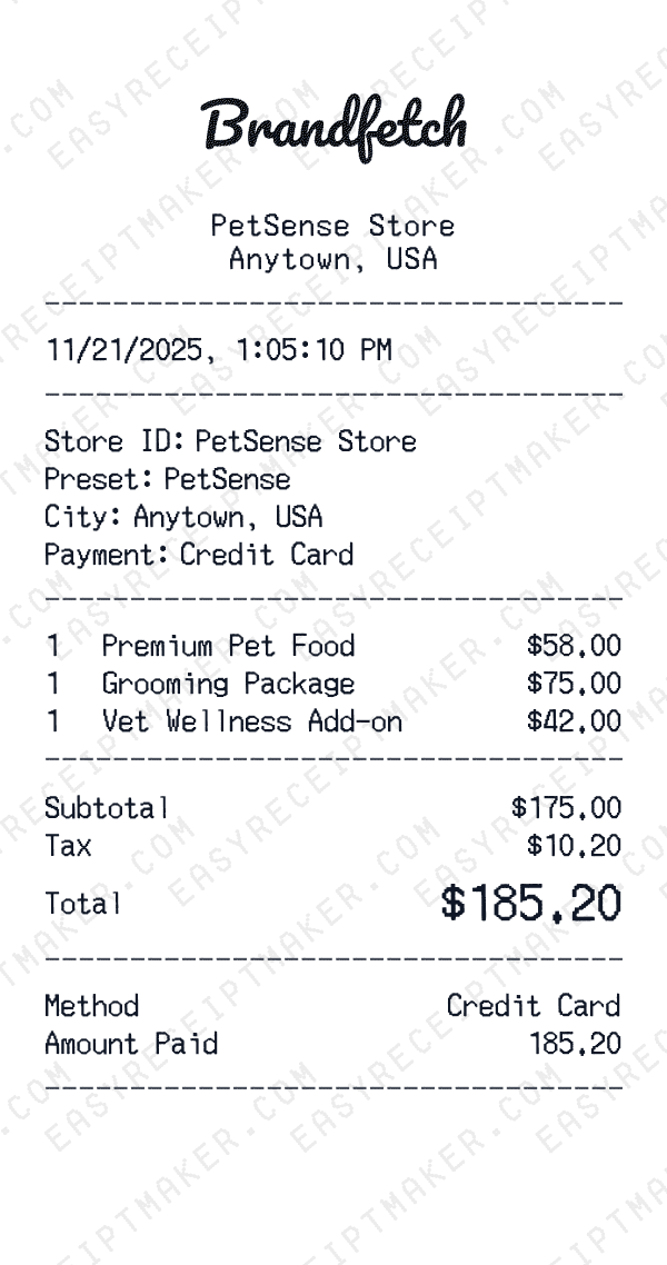 PetSense receipt preview