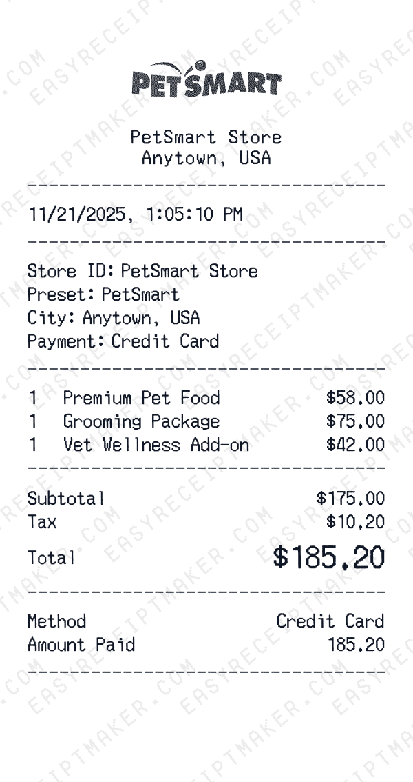 PetSmart receipt preview