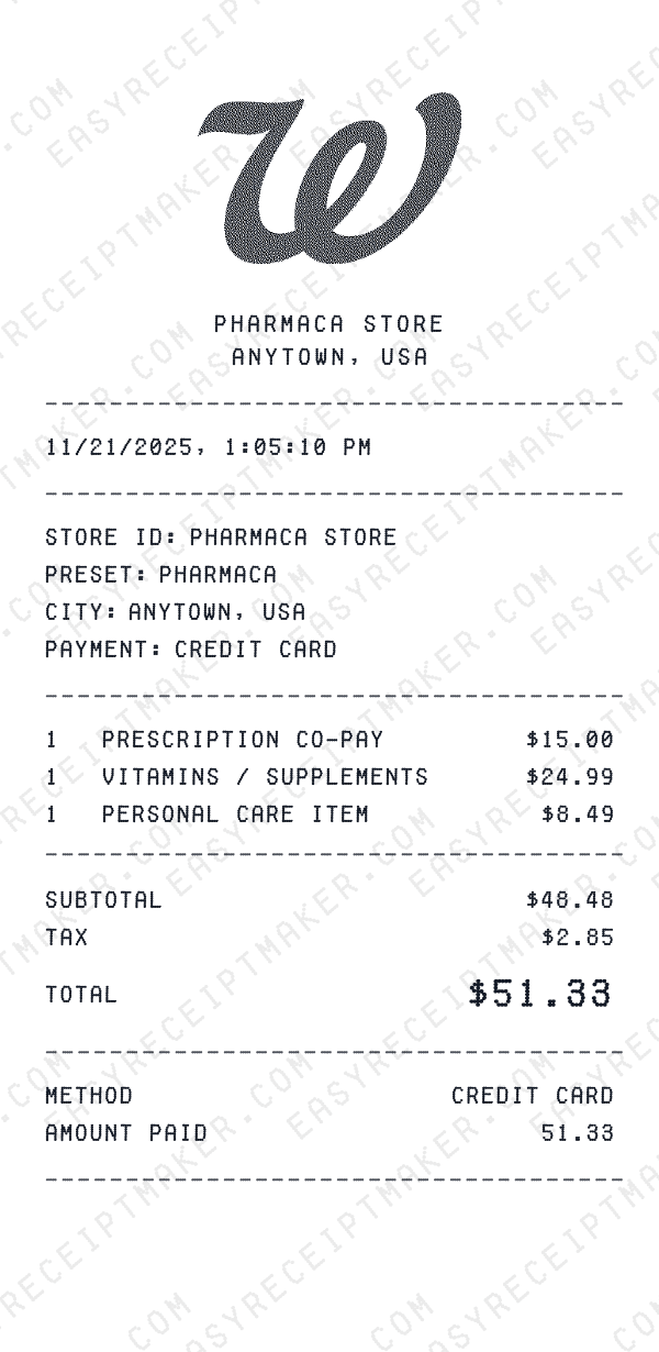 Pharmaca receipt preview