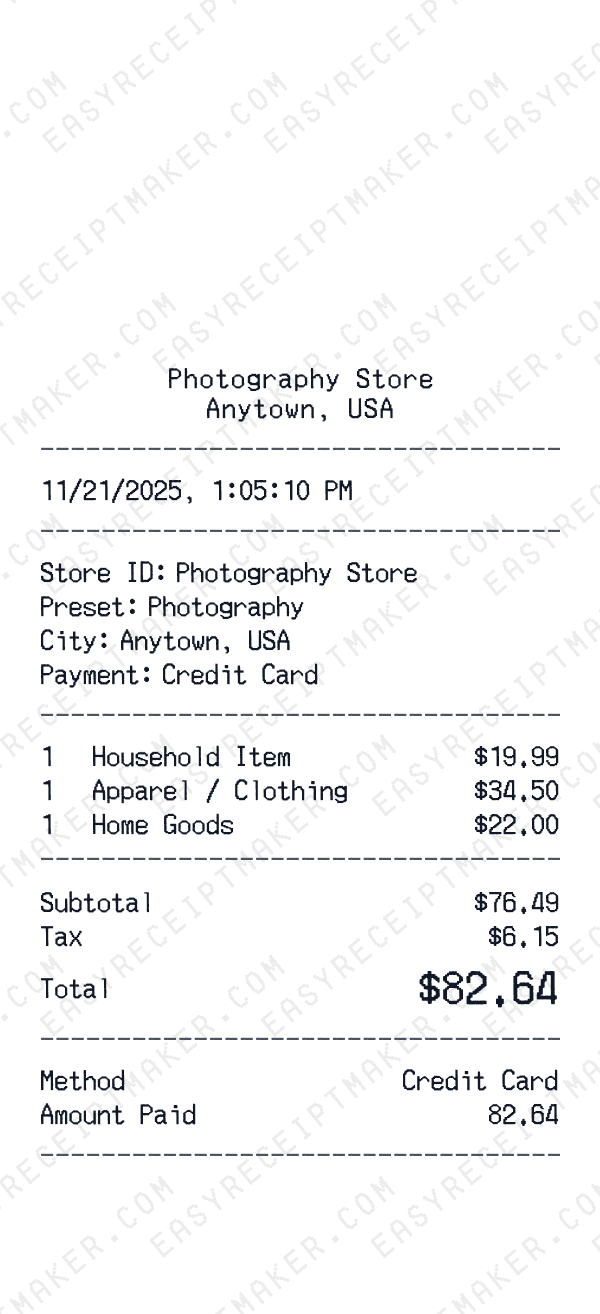 Photography receipt preview