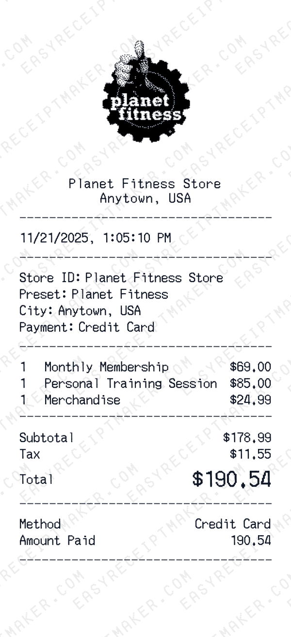 Planet Fitness receipt preview