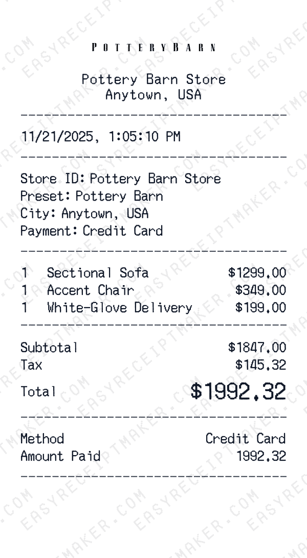 Pottery Barn receipt preview