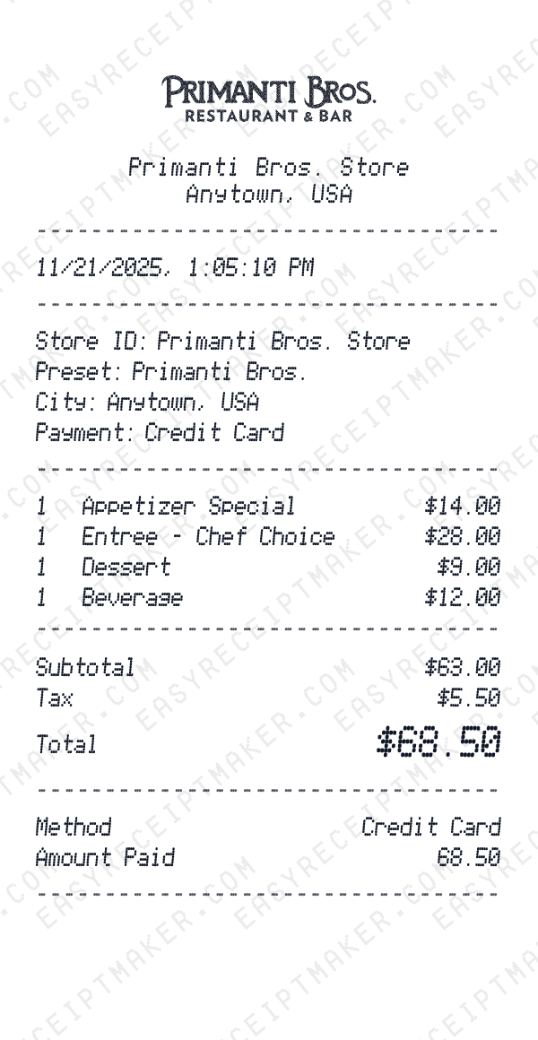 Primanti Bros. receipt preview