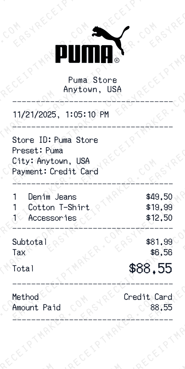 Puma receipt preview