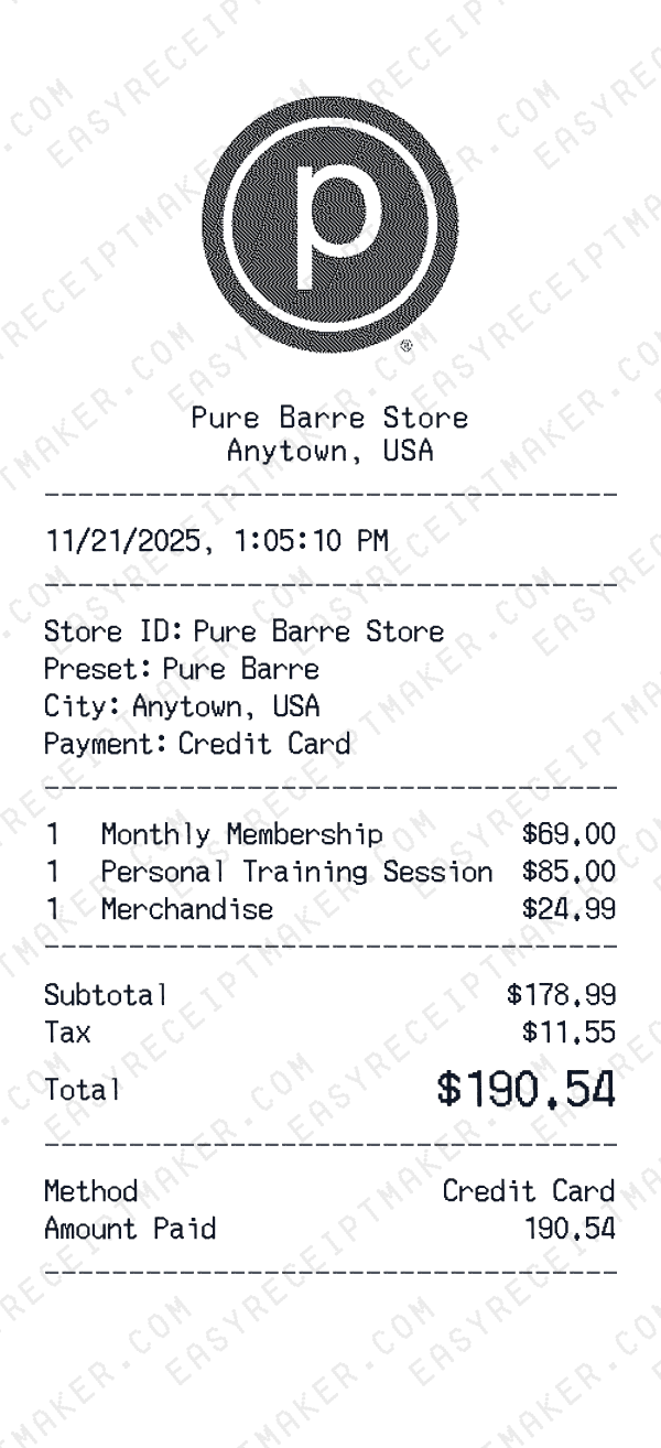 Pure Barre receipt preview