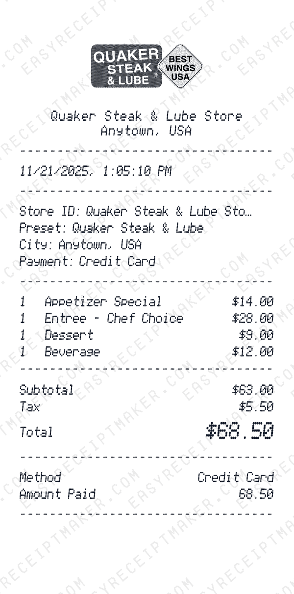 Quaker Steak & Lube receipt preview