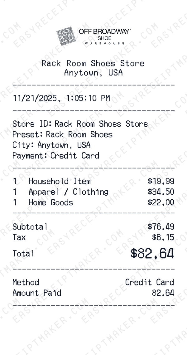 Rack Room Shoes receipt preview