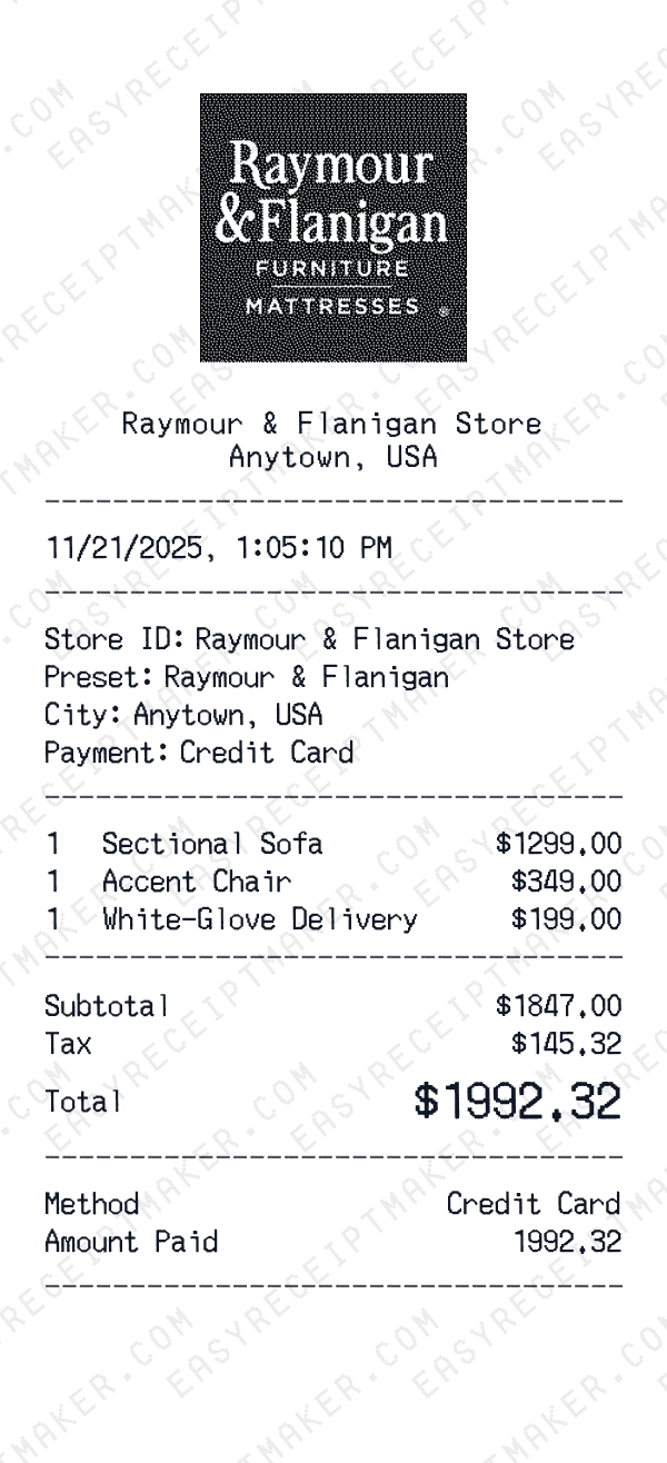 Raymour & Flanigan receipt preview