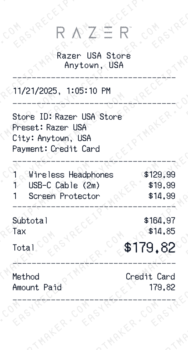 Razer USA receipt preview