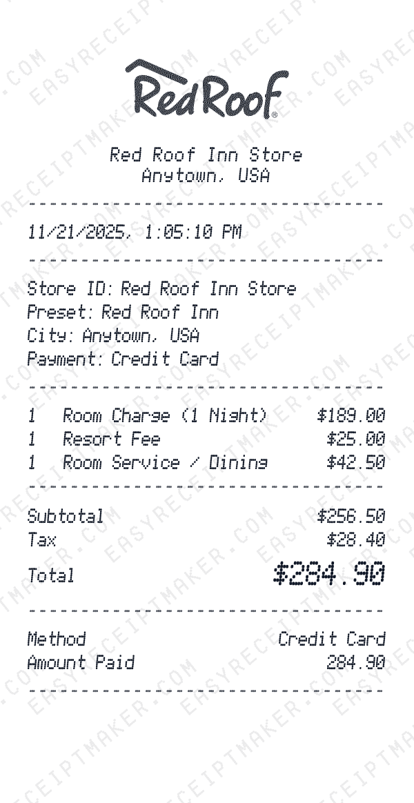 Red Roof Inn receipt preview