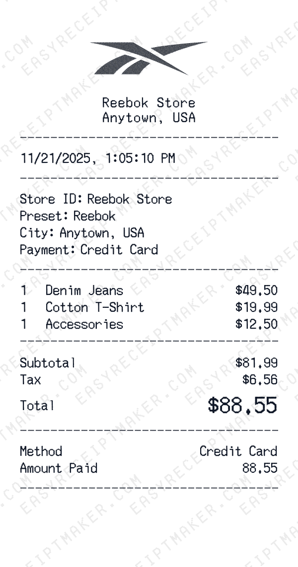 Reebok receipt preview