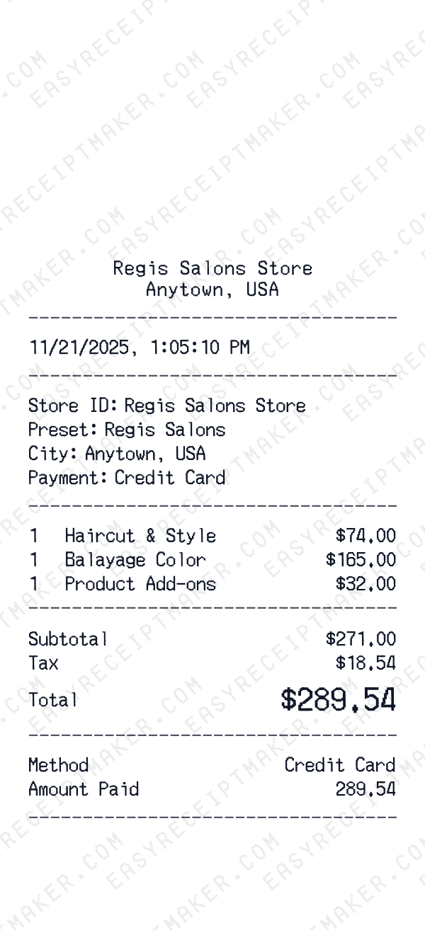 Regis Salons receipt preview