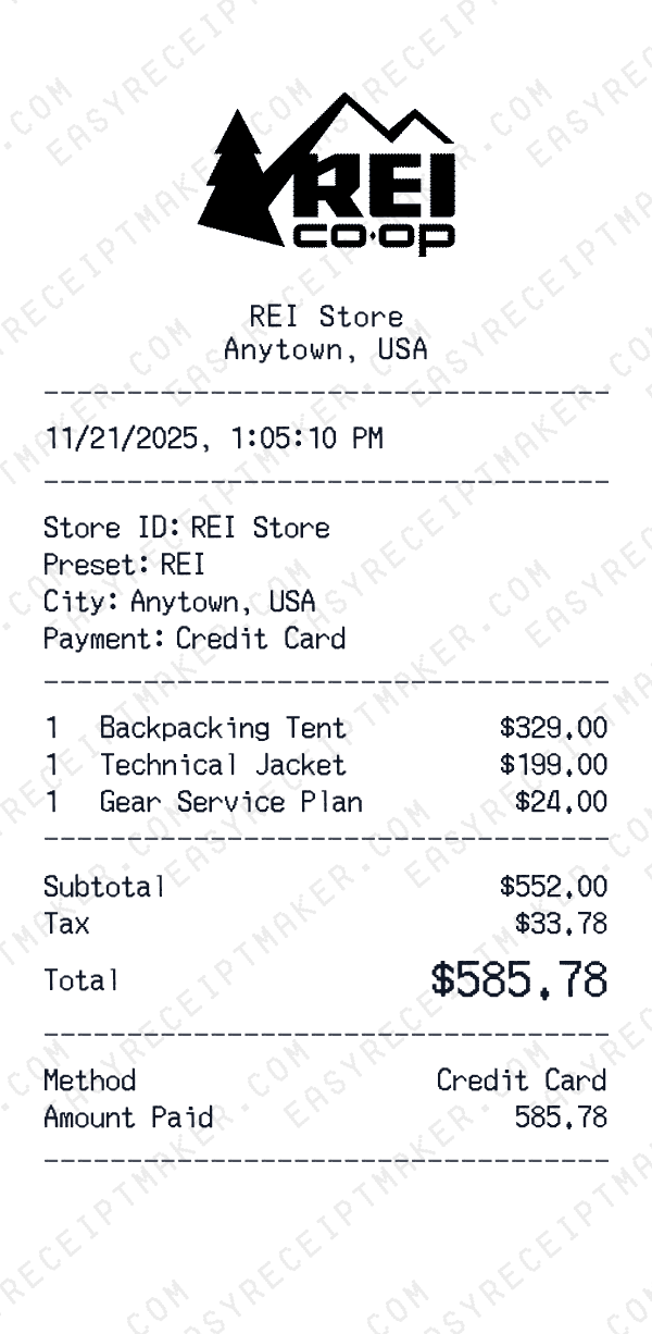 REI receipt preview