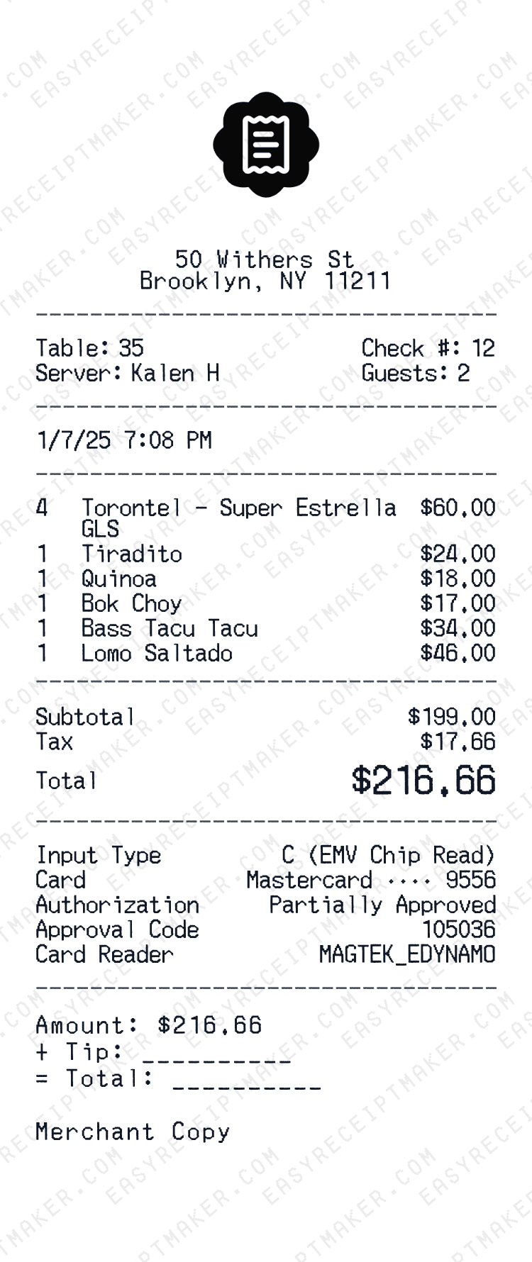 Receipt preview placeholder