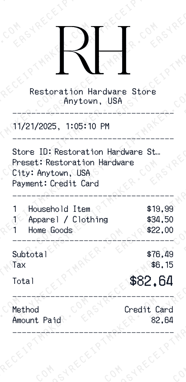 Restoration Hardware receipt preview