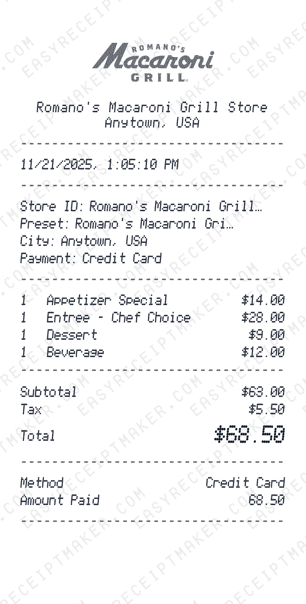 Romano's Macaroni Grill receipt preview