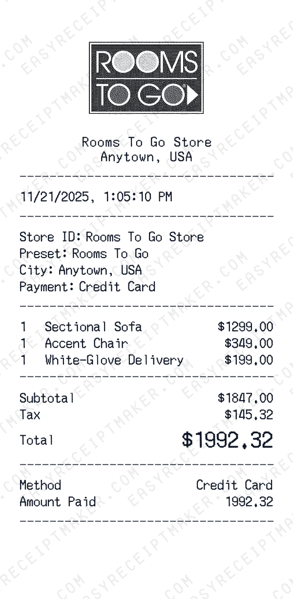 Rooms To Go receipt preview