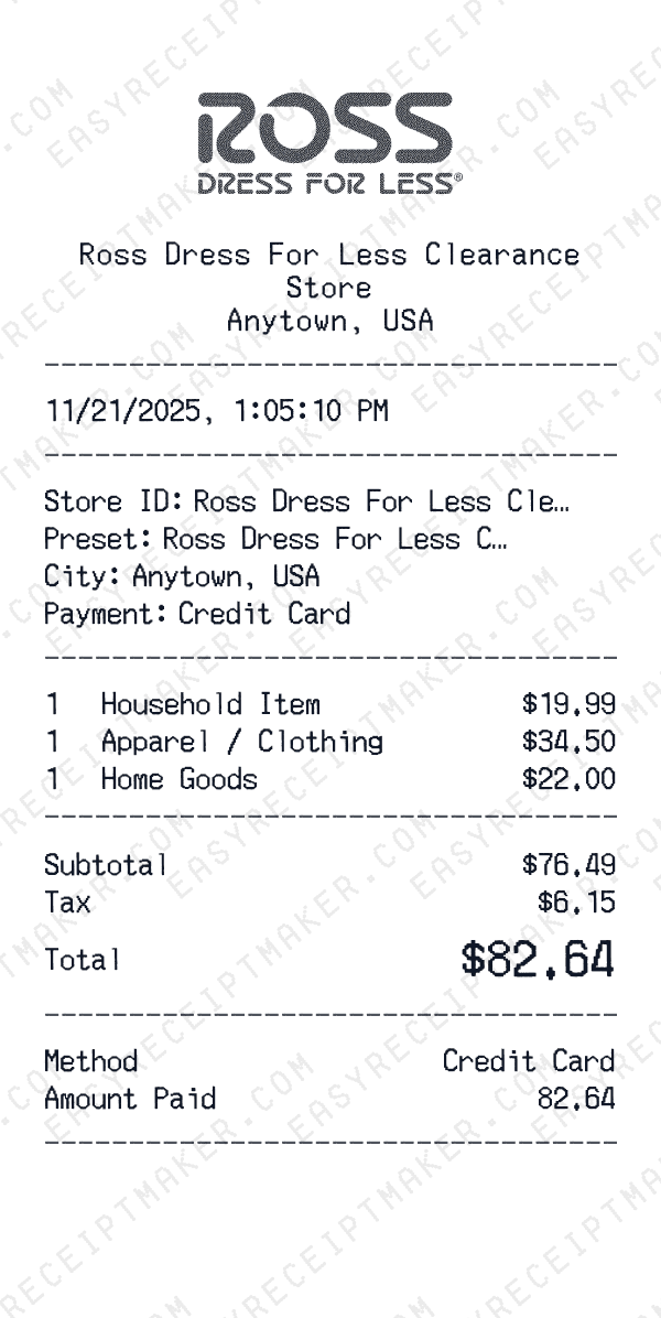 Ross Dress For Less Clearance receipt preview