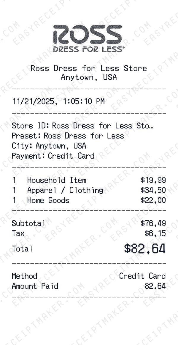 Ross Dress for Less receipt preview