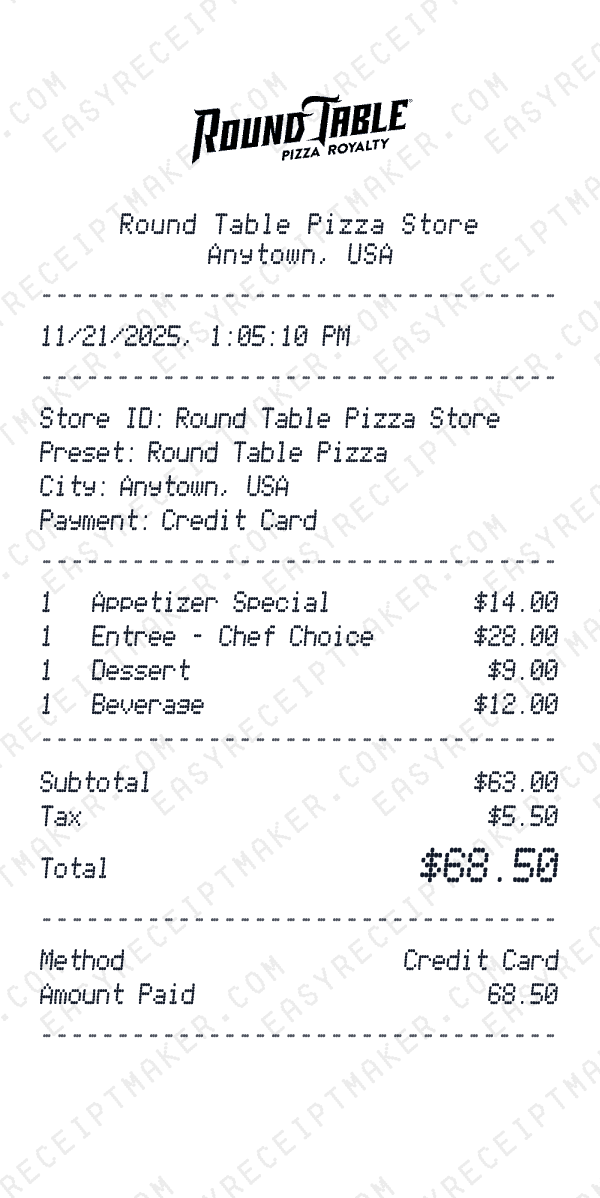 Round Table Pizza receipt preview