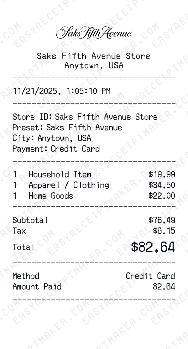 Saks Fifth Avenue receipt preview