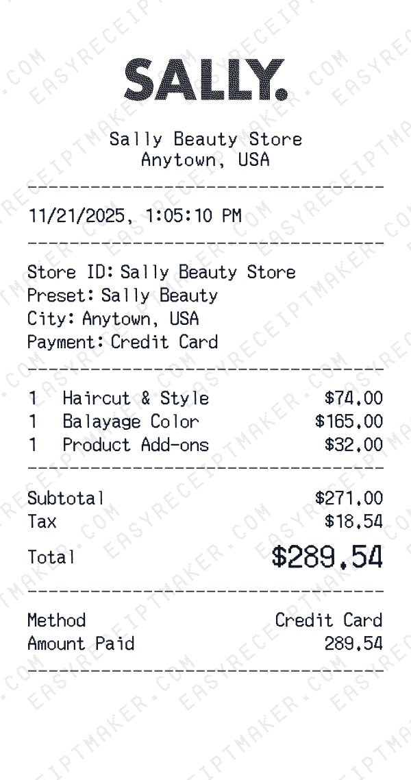 Sally Beauty receipt preview