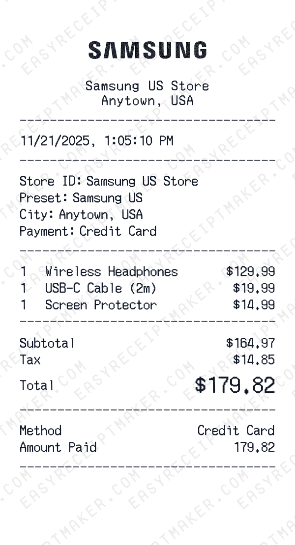 Samsung US receipt preview