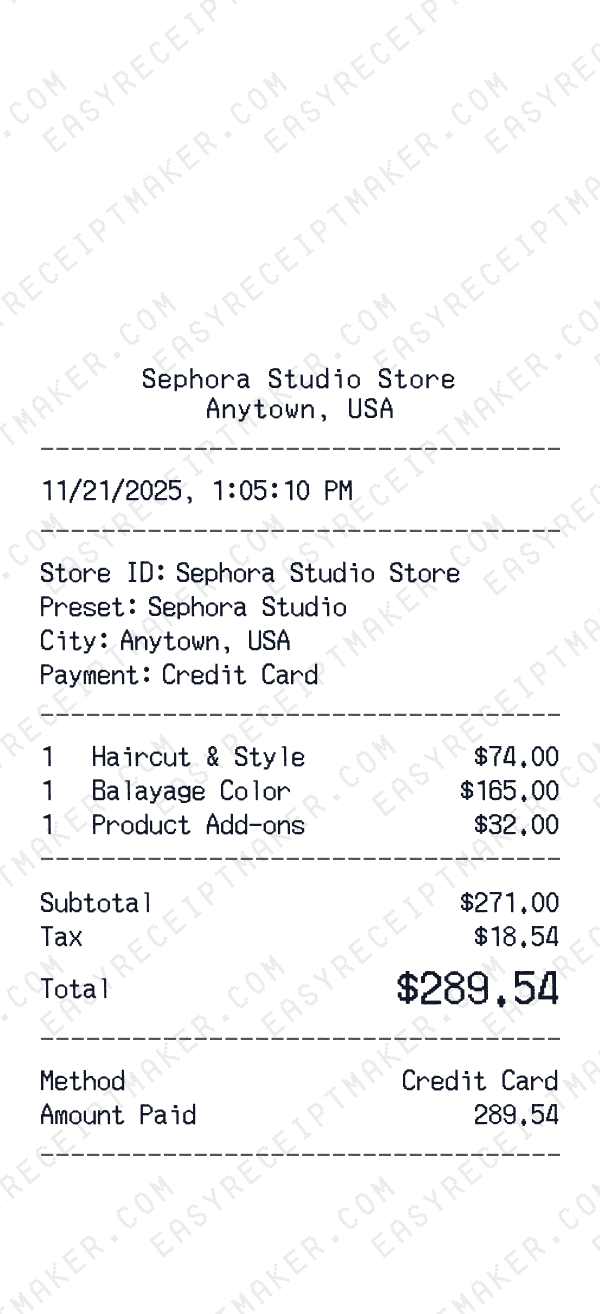 Sephora Studio receipt preview