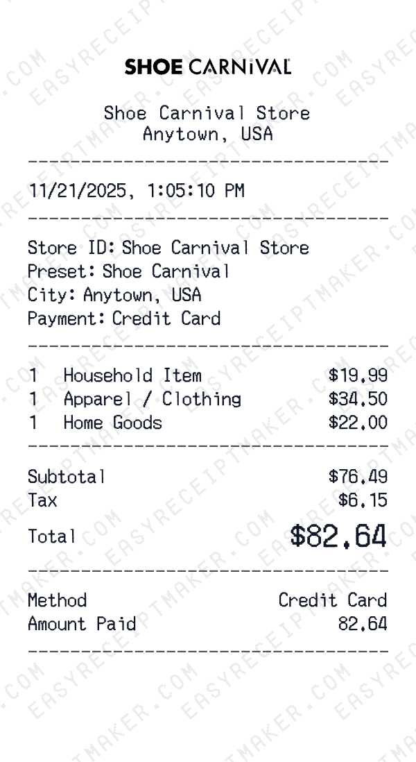 Shoe Carnival receipt preview