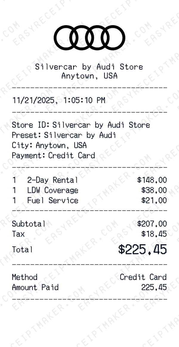 Silvercar by Audi receipt preview