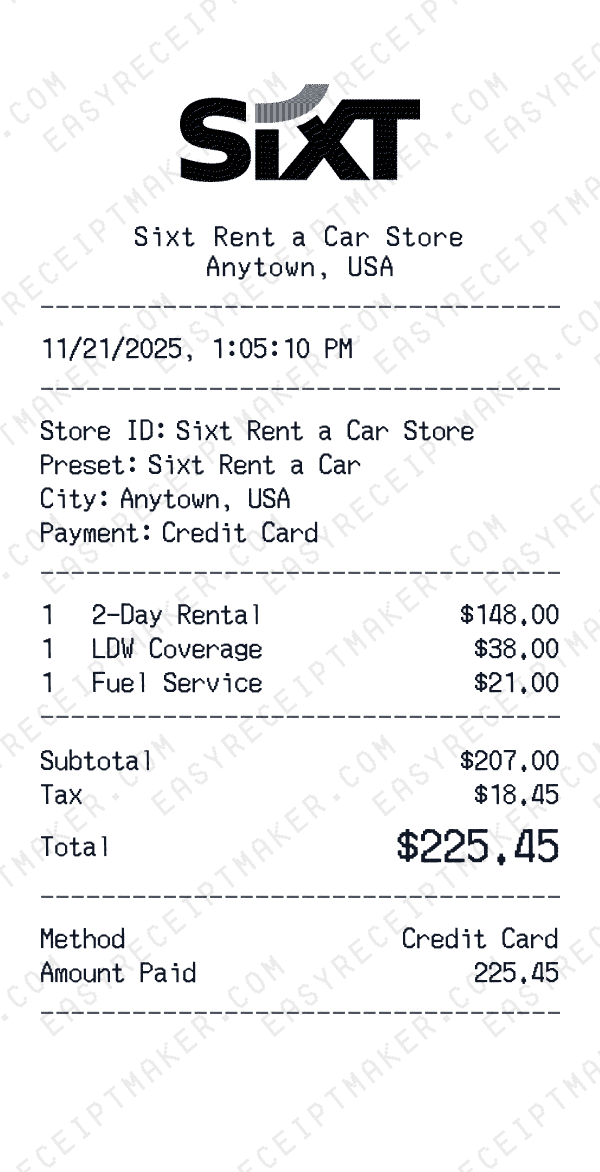 Sixt Rent a Car receipt preview
