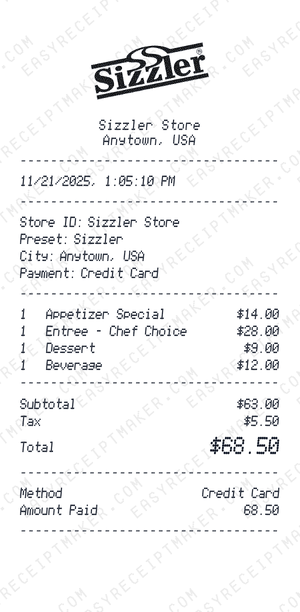 Sizzler receipt preview