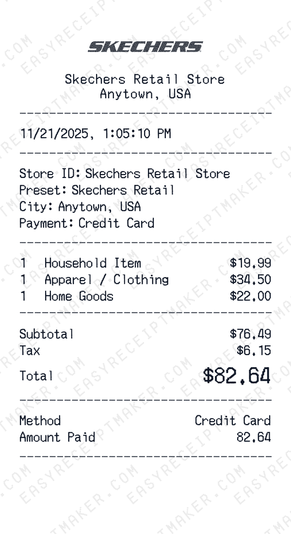 Skechers Retail receipt preview