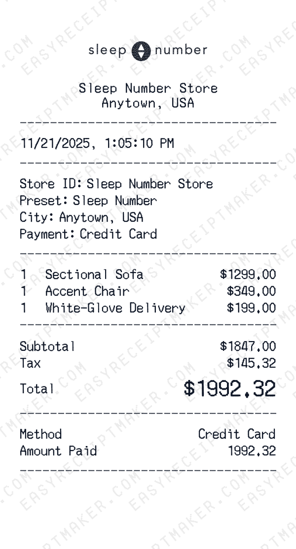 Sleep Number receipt preview
