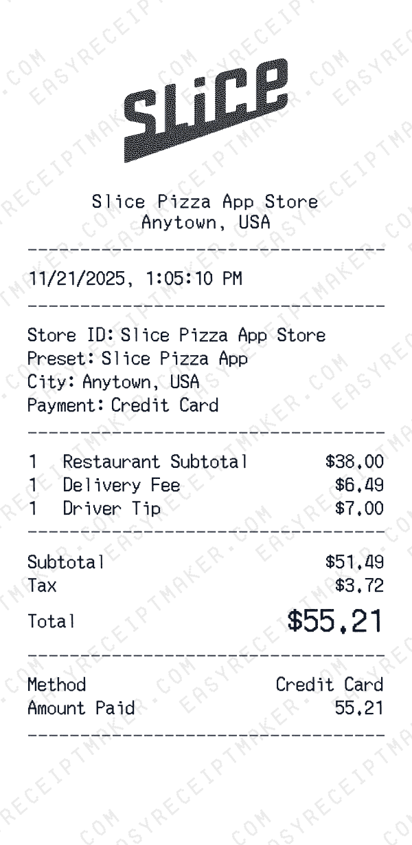Slice Pizza App receipt preview