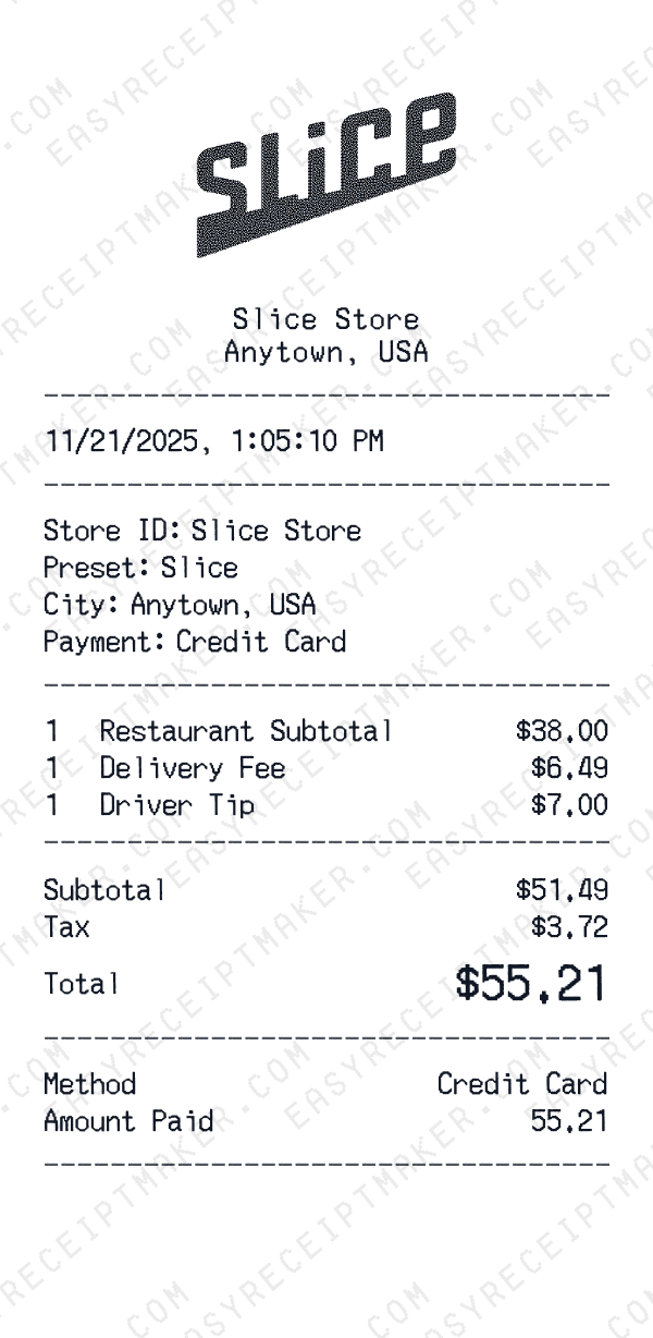 Slice receipt preview
