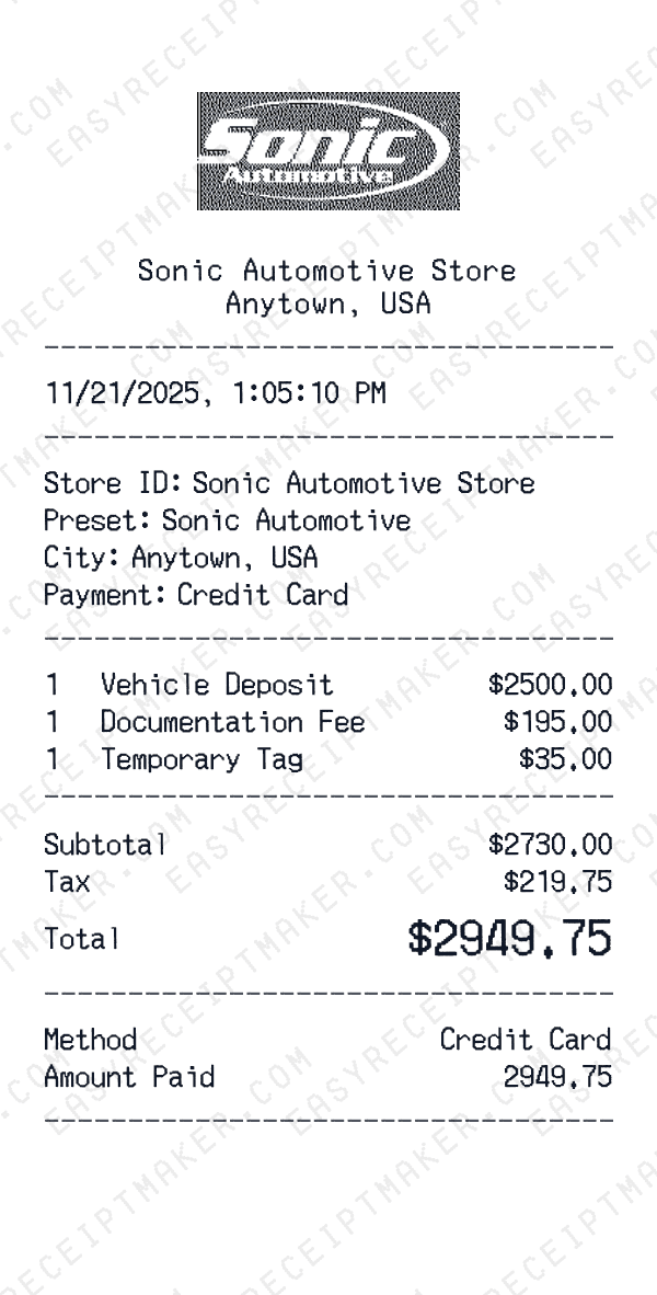 Sonic Automotive receipt preview